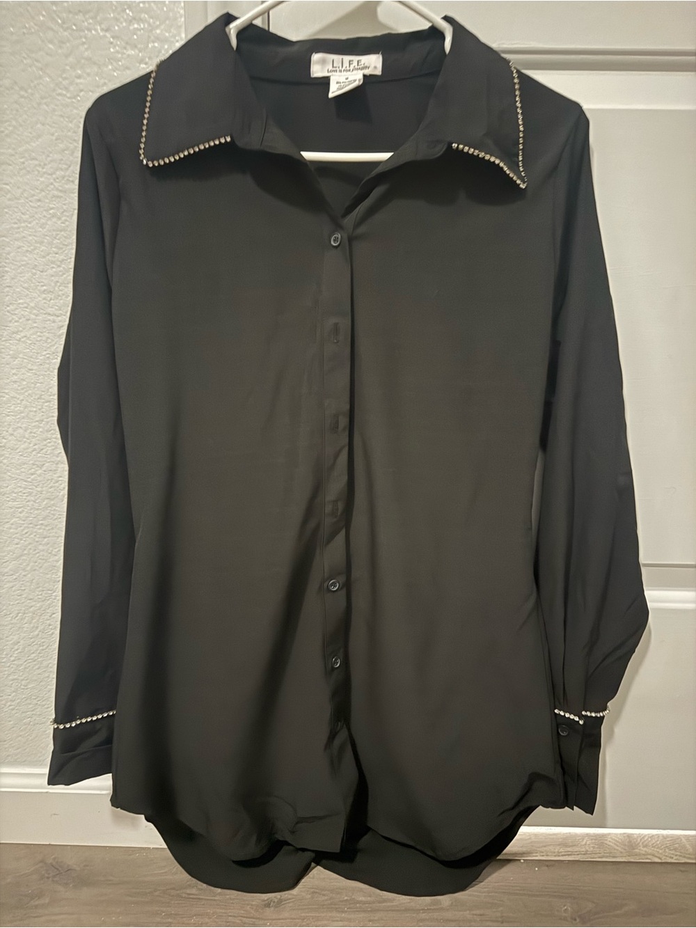 L.I.F.E. Black Stud-Trim Button-Up Blouse